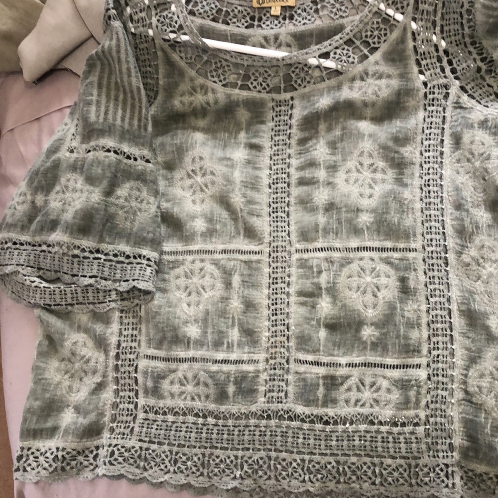 Lovely greenish gray top crochet accents by Democracy.23 inches long from back - Picture 6 of 9